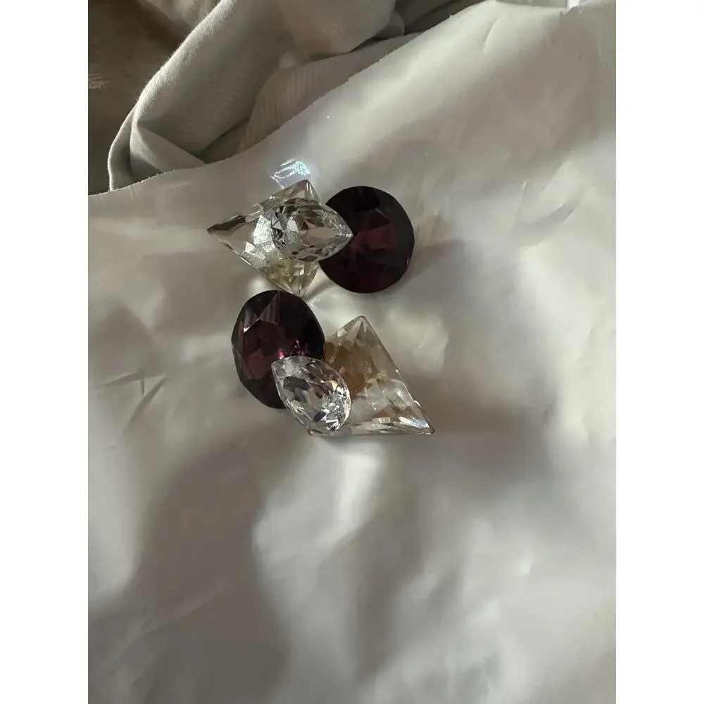 Vintage Lg Pink / Purple & Clear‎ Rhinestone Earrings 1980 Similar to Wendy Gell